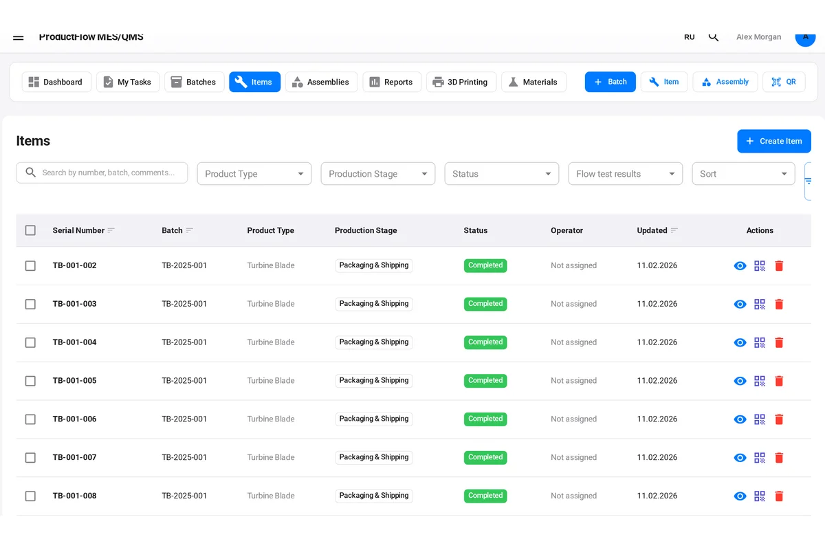 ProductFlow traceability - complete production history for each manufactured part
