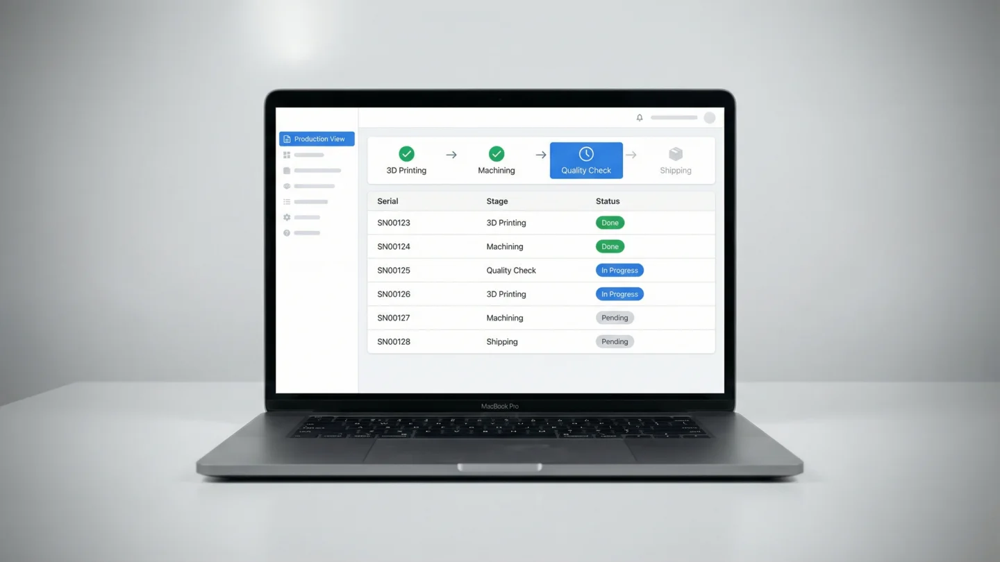 ProductFlow dashboard - production overview with stage tracking for additive manufacturing